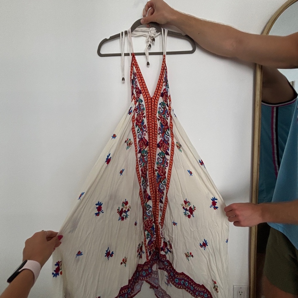 Chelsea & Violet Cream Backless Dress with Red and Blue Accents